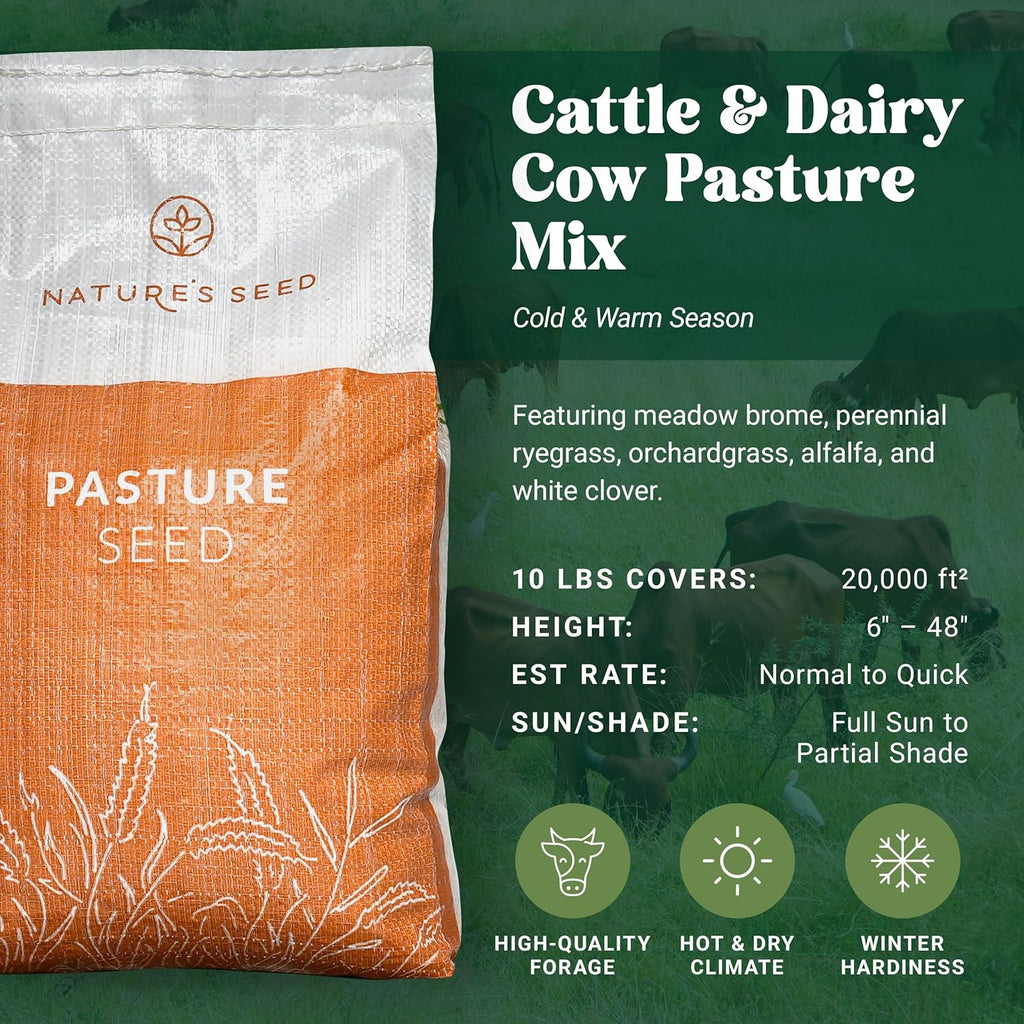 Nature's Seed Northern/Transitional Dairy Cow and Cattle Forage Mix, Pasture Grass Seed Blend, Protein-Rich, Cold-Hardy, 10 lbs