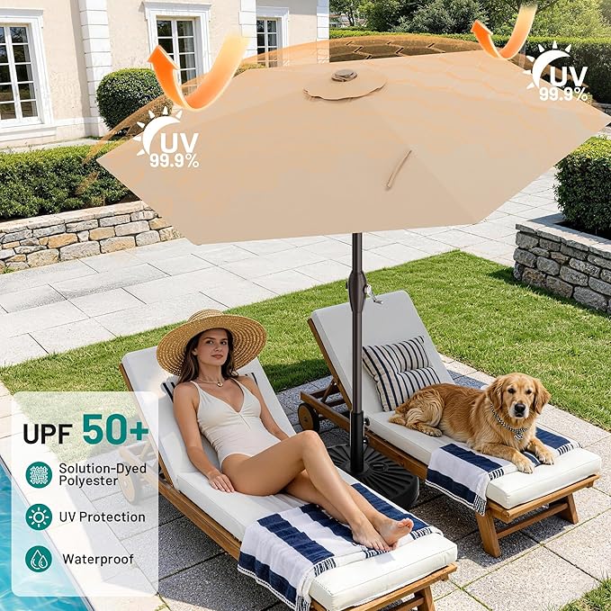 AreShark 7.5FT Patio Umbrella Table Market Umbrella with 6 Sturdy Ribs, Button Tilt/Crank, Heavy-Duty Outdoor Umbrellas for Pool, Deck, Garden and Backyard, Beige