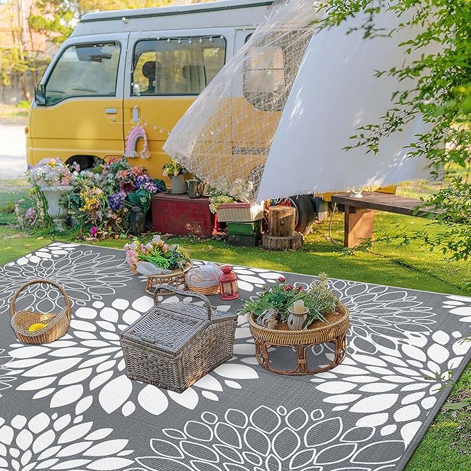 Ileading Reversible Outdoor Rug 8x10Ft Waterproof Patio Rug Carpet Portable Outdoor Plastic Straw Rug Large RV Camping Mat Rug for Patio, Clearance, Deck, Beach, Porch, Camping, Picnic, Grey