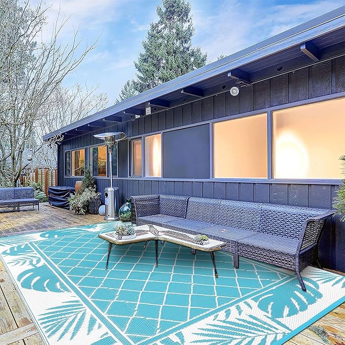 Ileading Outdoor Rug Carpet for Patio 6' x9' Waterproof Reversible Plastic Straw Rug Portable Outside Area Rug Camping Mat for Patio, Clearance, Balcony, Picnic, Pool, Beach, RV, Deck, Leaf Teal