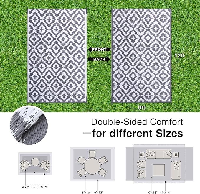 OLANLY Waterproof Outdoor Rug 9x12 ft, Outdoor Plastic Straw Rug for Camping, RV Mat Outside, Outdoor Carpet for Porch, Deck, Backyard, Balcony, Picnic, Grey & White