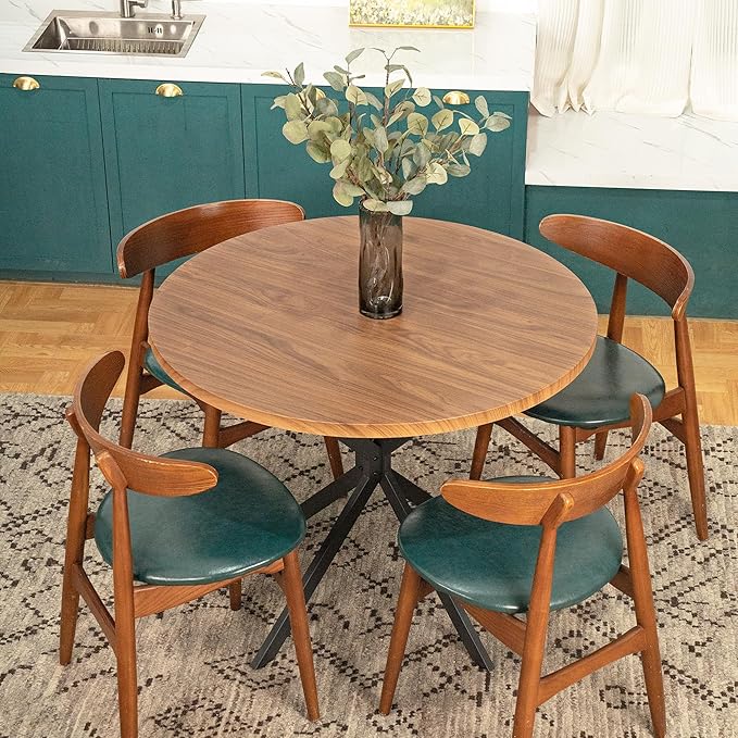 DKLGG Round Dining Table, 39" Mid-Century Modern Round Kitchen Table for 4-5 People, w/1.18" Thickness Tabletop & Black Metal Legs Leisure Table for Kitchen Dining Restaurant Furniture