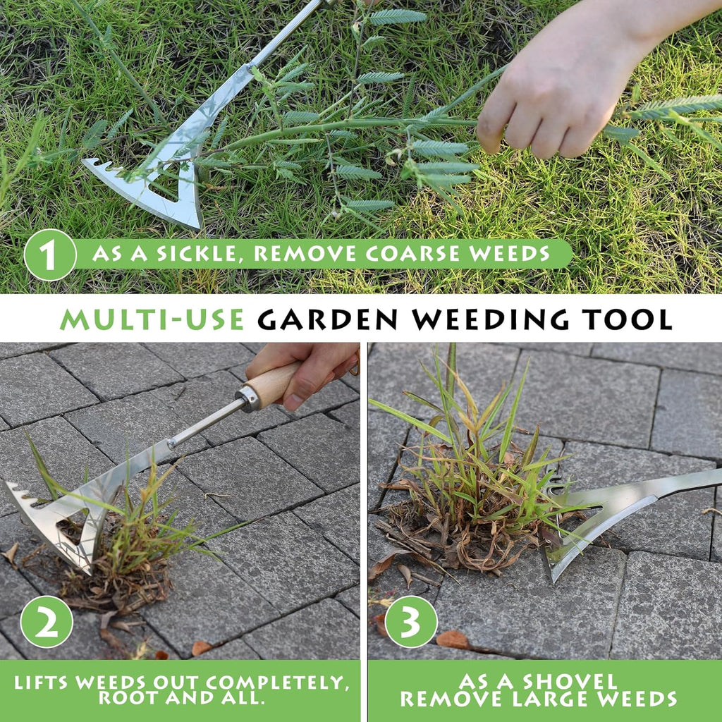 Crack Weeder, 13.4" Stainless Steel Crevice Weeding Tool with Wood Handle, L-Shaped Side-Walk Weed Puller Spatula, for Garden Lawn Yard Patio Terrace Paving Moss, Small Gardening Tool