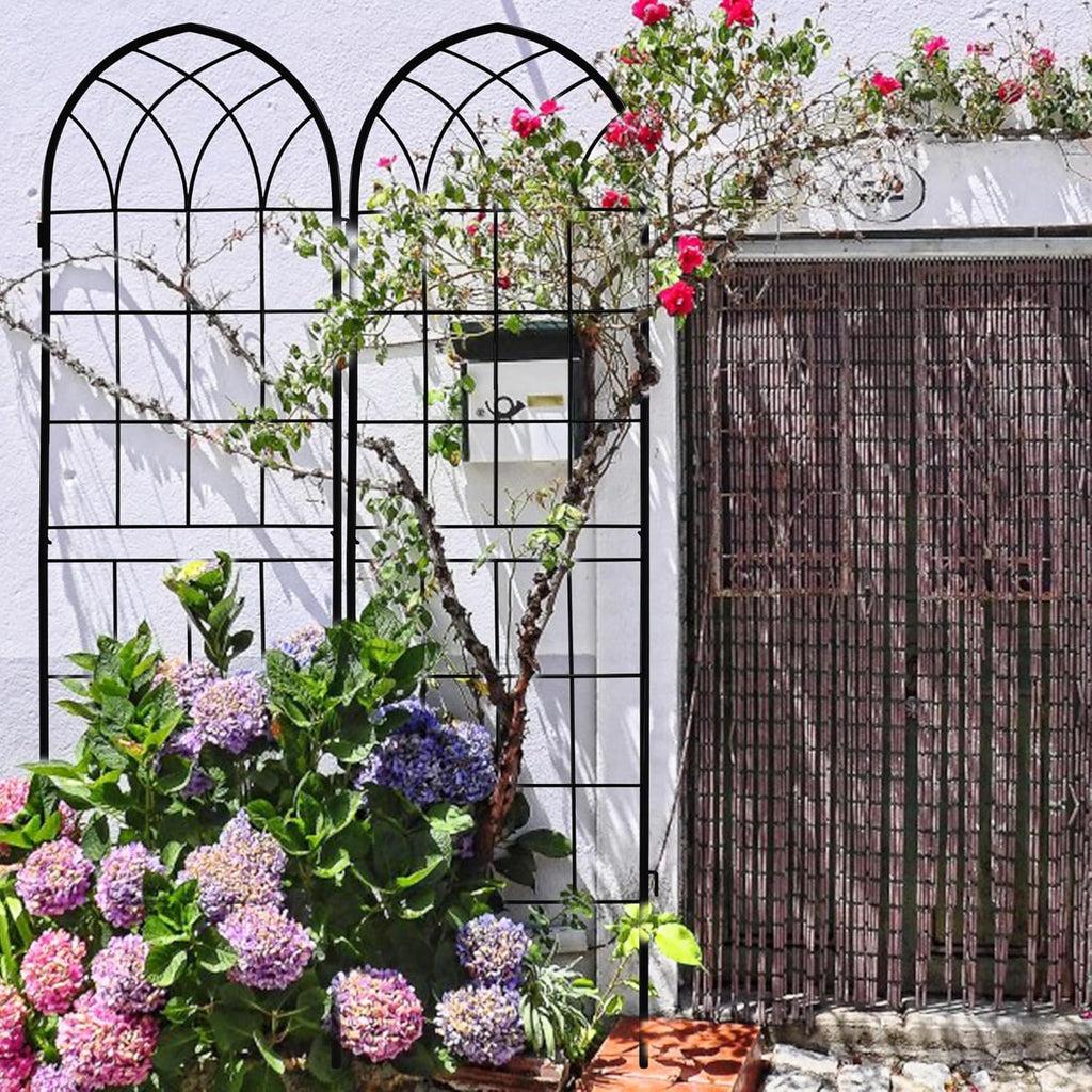 LZRS 2 Pack 71x20in Rustic Iron Arch Decoration Garden Trellis with Black Metal Coating – Perfect for Supporting Climbing Plants Outdoor, Roses, Vines, Flowers, and Vegetables.
