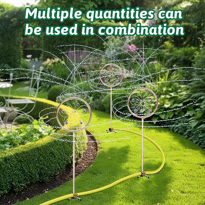 34" Tall Copper-Coated Stainless Steel Garden Sprinkler, 360° Rotating Decorative Ornamental Sprinkler for Lawn, Yard & Landscape Watering (Butterfly)