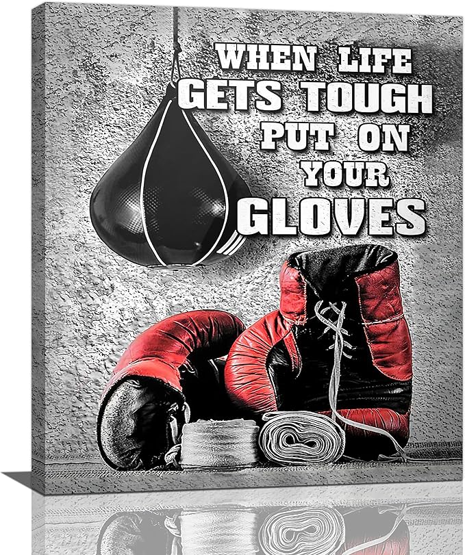 Boxing Posters Wall Art Red Boxing Gloves Pictures Wall Decor Black And White Inspirational Quotes Canvas Prints Painting Artwork Sports Canvas Home Decorations For Teen Boys Room Dorm Bedroom 20"x24"