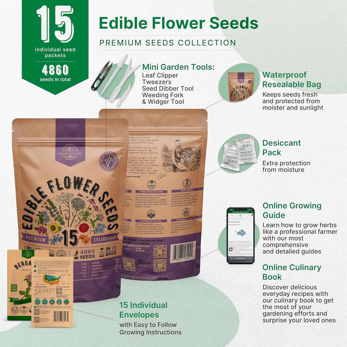 Organo Republic 15 Edible Flower Seeds Variety Pack- Indoor/Outdoor. 4800+ Non-GMO Heirloom Flower: Borage, Bishop's Flower, Chicory, Chives, Hyssop, Echinacea, Lavender Seeds & More