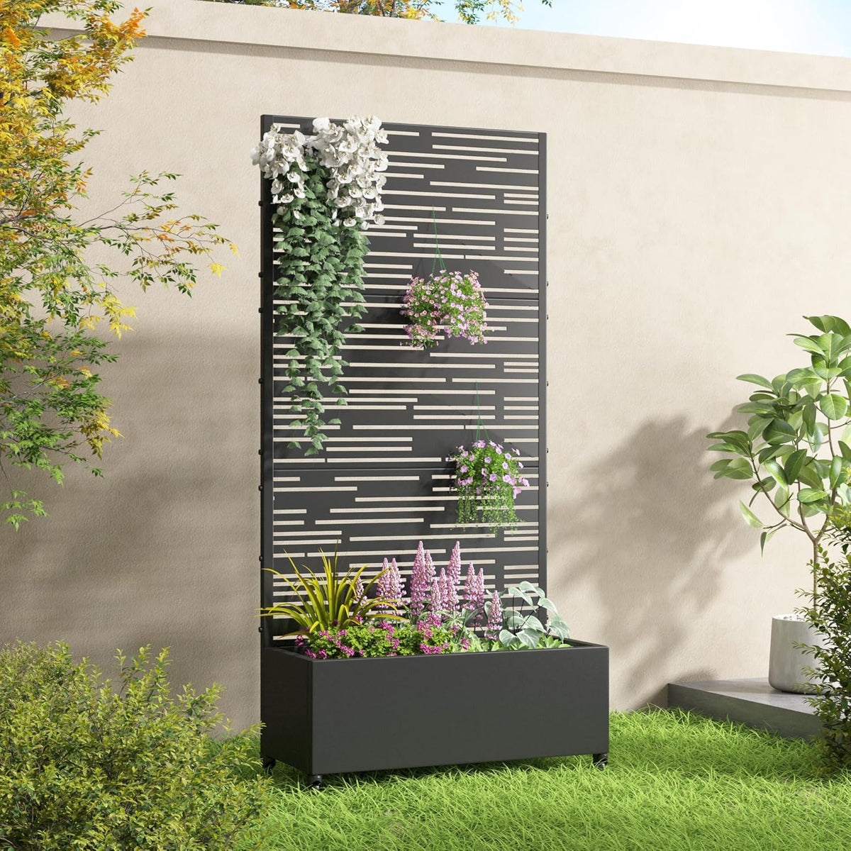 Casaphoria Metal Raised Garden Bed with Trellis and Wheels, 72"x35"x16" Planter Box for Climbing Plants, Vegetables & Vines, Features Drainage Holes and Privacy Screen (Black-Shine)