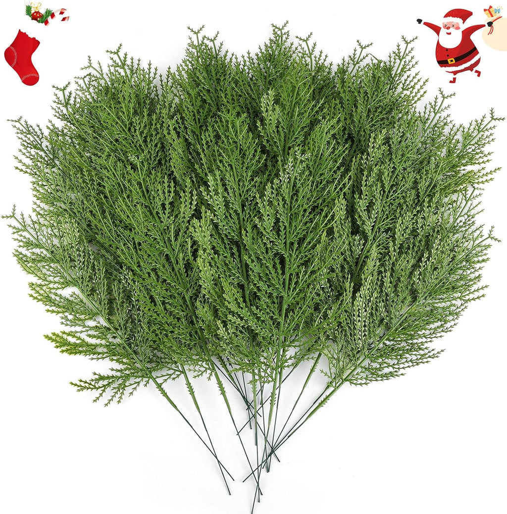 Hananona 40 Pcs Artificial Cedar Picks Faux Cedar Branches Fake Cypress Stems Plastic Pine Greenery Christmas Picks and Sprays DIY Accessories for Crafts Wreath Holiday Home Decor (40, Green)