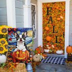 Stained Glass Boston Terrier Fall Garden Flag Halloween Pumpkin Yard Signs Autumn Sunflower Thanksgiving Banner for Outside 12x18 Double Sided Small Dog Outdoor Decorative