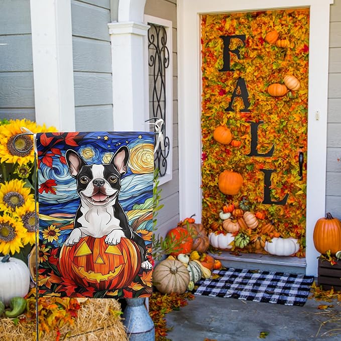 Stained Glass Boston Terrier Fall Garden Flag Halloween Pumpkin Yard Signs Autumn Sunflower Thanksgiving Banner for Outside 12x18 Double Sided Small Dog Outdoor Decorative