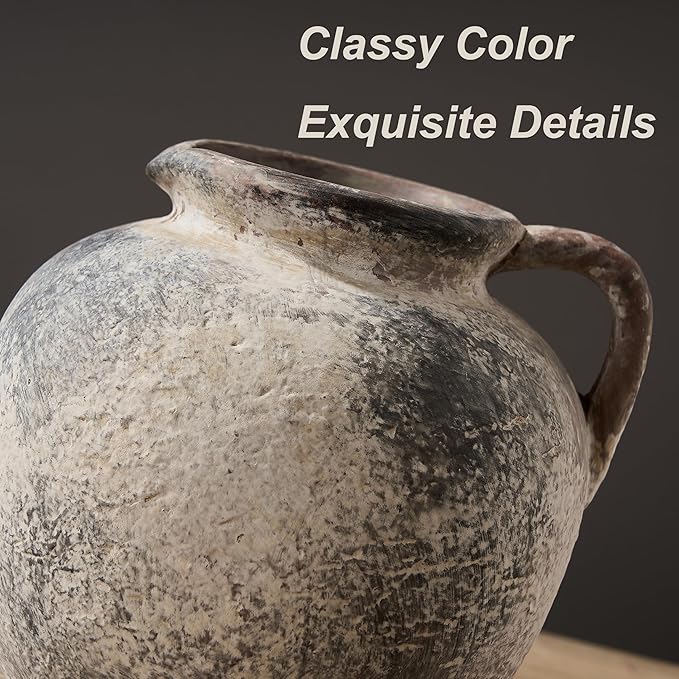 Antique Terracotta Vase with Handle, 5.6 Inch Farmhouse Ceramic Vase Boho Decor Decorative Vase, Rustic Vase for Home Decor, Living Room, Table, Wedding - Distressed Design, Gray