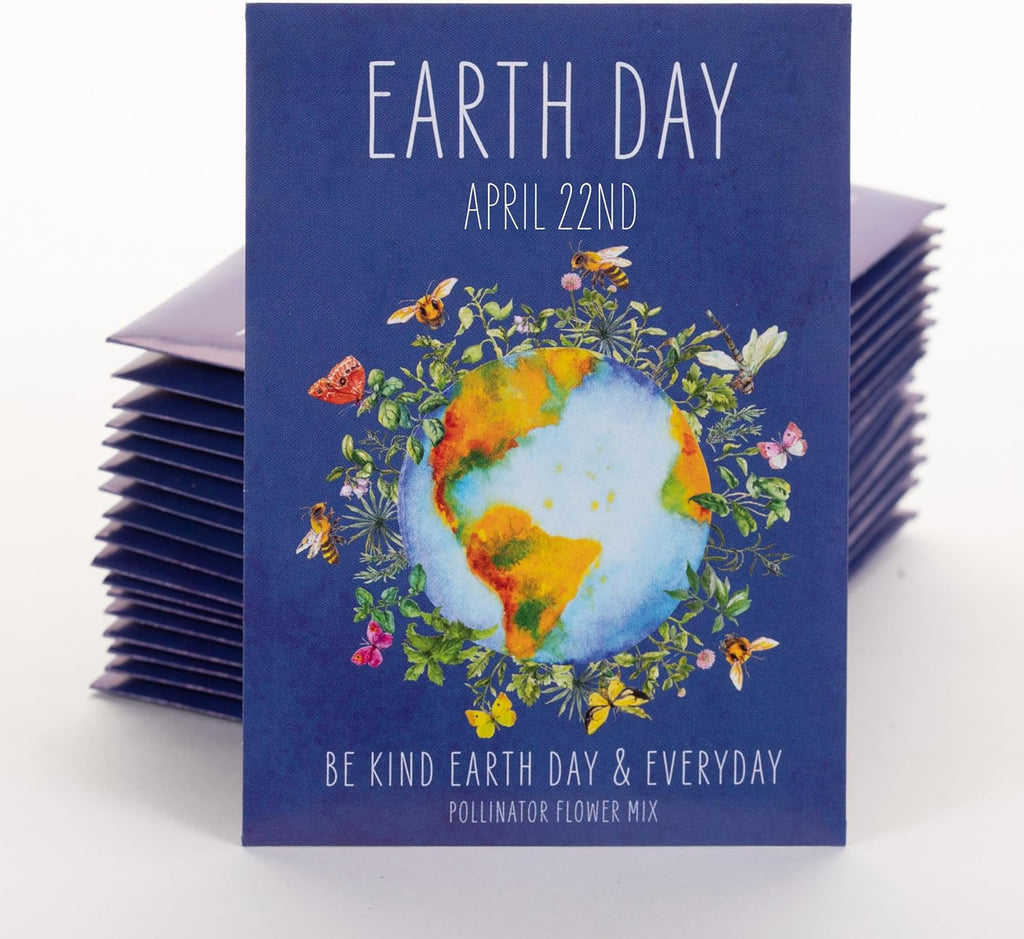 Bentley Seed Co. | Earth Day Planet Pollinator Flowers | Illustrated Bee Butterfly Flower Seed Packets | Environmental Favors for Events | Wildflower Mix Seed | Eco-Friendly Hand Out Gift | 25 Pack