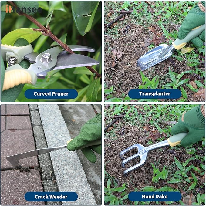 Set of 12 Garden Tool, iHansee Heavy-Duty Aluminum Gardening Hand Tools with Rubber Non-Slip Handle, Garden Apron, Gloves, Kneeling Pad and Storage Bag, Garden Hand Tools Starter Kit Landscaping Tools