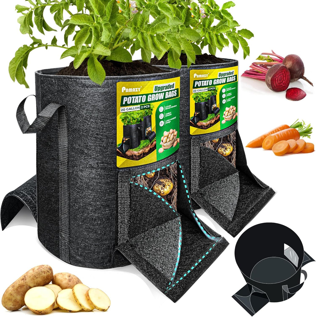 [Upgraded] 2PCS 20-Gallon Potato Grow Bags with Unique Harvest Window, Visible Window, Garden Planting Bag with Reinforced Handle, Nonwoven Fabric Pots for Tomato, Potato Growing Container - Black