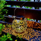 Outdoor Solar Hanging Lantern Lights Metal LED Decorative Lamp for Garden Patio Courtyard Lawn and Table with Hollowed-Out Design (Bronze)