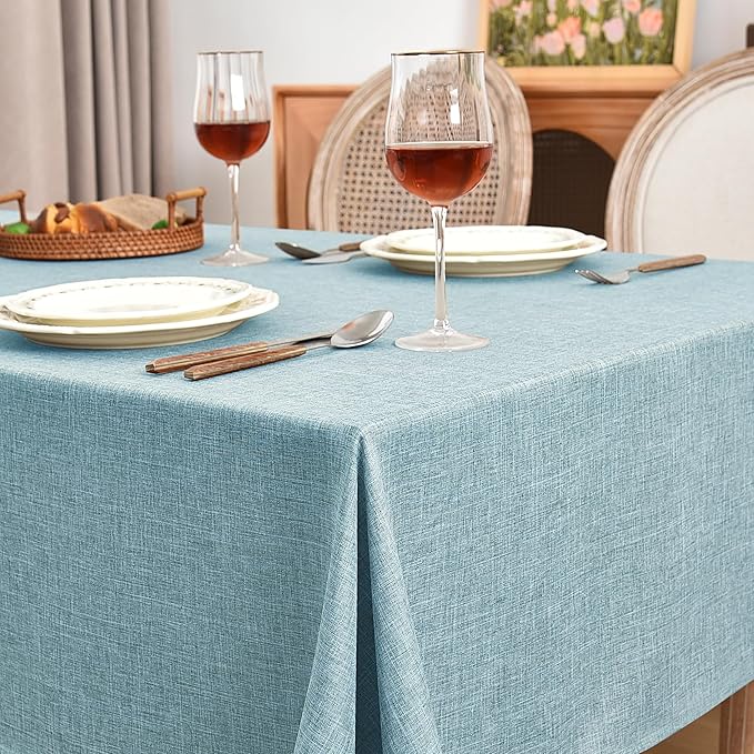 Fitable Faux Linen Tablecloths 60 x 84 Inch - 2 Pack Waterproof Table Clothes for Rectangle Foot Tables, Turquoise Flax Look Kitchen Table Covers for Farmhouse, Dining, Party, Outdoor Picnic