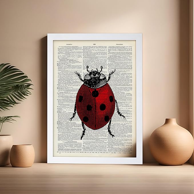 Poster Master Dictionary Art Poster - Retro Ladybug Print - Insect Art - Red Bug Art - Gift for Men, Women & Animal Lover - Minimal Decor for Living Room & Kid's Room, 16x20 White Framed