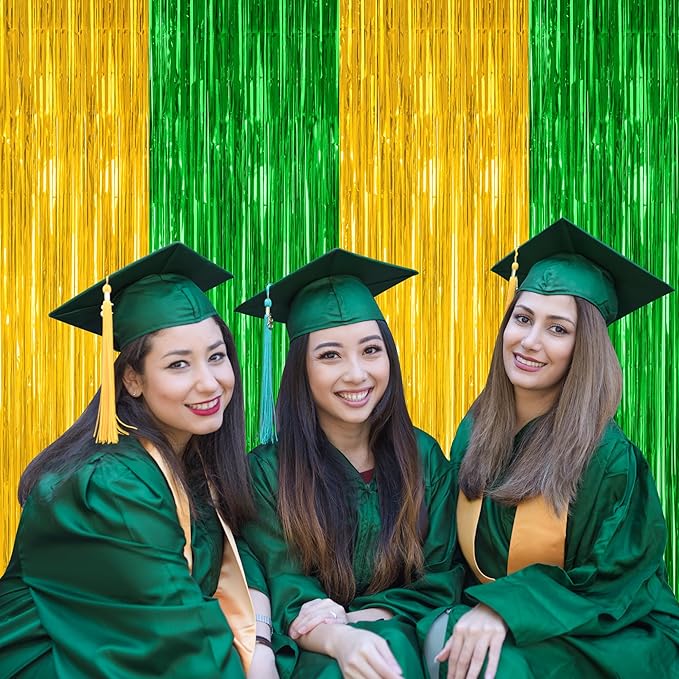 2 Pack Graduation Backdrop, Large Grad Decor 2025, Green Gold Graduation Photo Backdrop Fringe Curtains Party Streamer, Metallic Green and Gold Grad Decorations Class of 2025