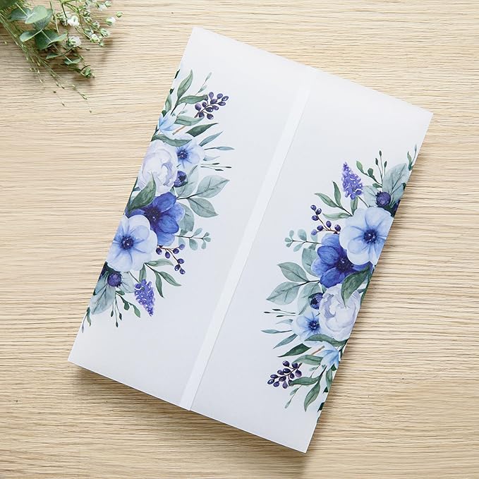 PONATIA 50 PCS Vellum Jackets for 5x7 Invitation Cards - 135GSM Royal Blue Flowers Vellum Sleeves, Transparent Gift Card Jackets