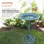 Alpine Corporation TEC116 Outdoor Aged Green Pedestal Birdbath with Scrollwork, 28" Tall, Green