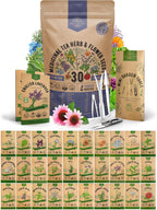 Organo Republic 30 Medicinal Tea Herb & Flower Seeds Variety Pack - 13600+ Non-GMO Heirloom Flower Seeds for Outdoor & Indoor Garden, Including Bergamot, Catnip, Calendula, Dandelion, Lovage, Zinnia