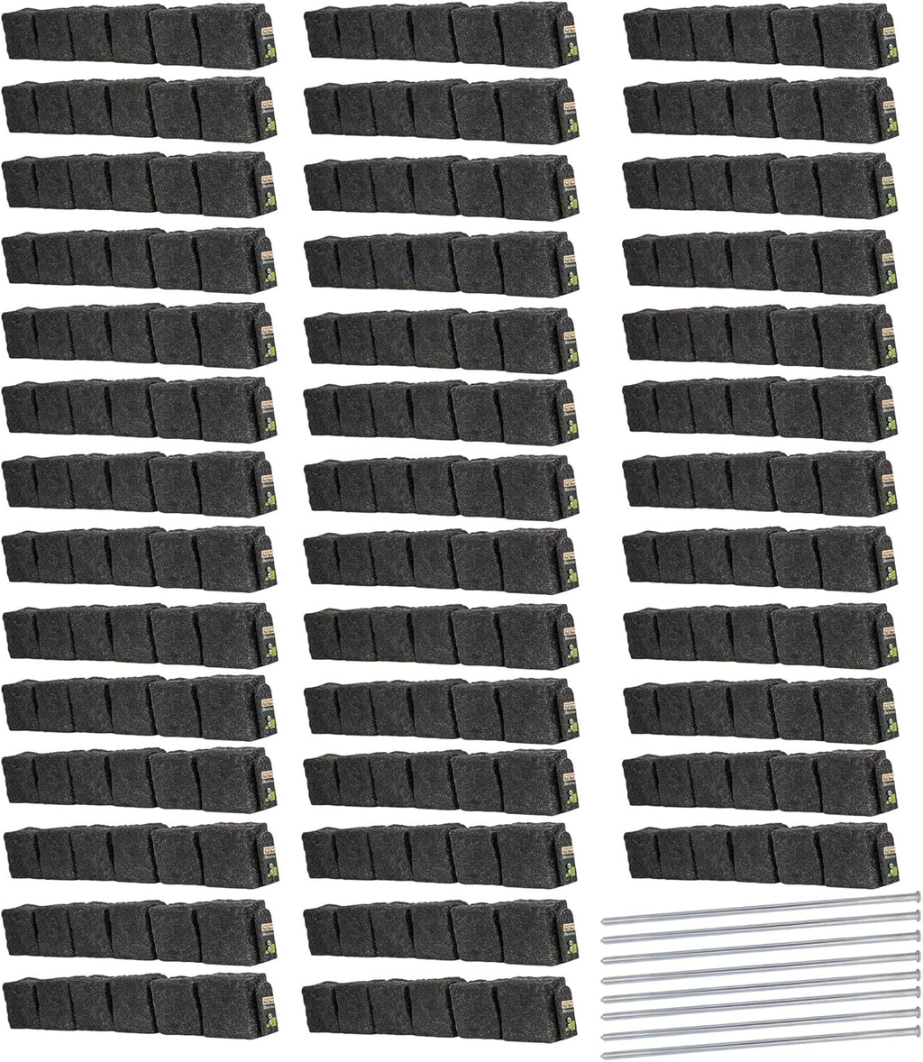 Beuta Landscape Edging | Garden Edging Border | Faux Stone Blocks for Lawn Edging, Flower Beds & Yard Edging – 40 Pack | Each Section Has 6 Blocks 48" L x 4" W x 6.5" H | 80 Spikes | Charcoal