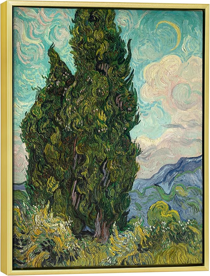 Wieco Art Framed Wall Art Cypresses Classic Giclee Canvas Prints by Van Gogh Famous Oil Paintings Green Tree Picture for Home Decorations Modern Abstract Forest Landscape Artwork