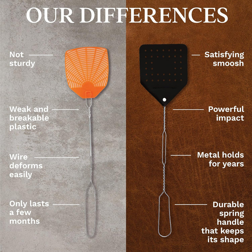 Leather Fly Swatter Set (2 Pack) – 17” Amish-Made Fly Swat w/Real Leather Paddle – Fly Swatters Multi Pack w/Metal Handle – Bug Swatter, Mosquito Swatter, Wasp Swatter (Black)