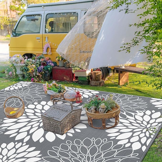 Ileading Reversible Outdoor Rug 9x12Ft Waterproof Patio Rug Carpet Portable Outdoor Plastic Straw Rug Large RV Camping Mat Rug for Patio, Clearance, Deck, Beach, Porch, Camping, Picnic, Grey