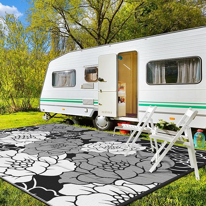 GENIMO Outdoor Rug Waterproof for Patio Decor, 9' x 12' Reversible Plastic Straw Floral Camping Carpet, Large Area Rugs Mats for RV, Camper, Deck, Balcony, Porch, Beach, Picnic, Mix-Black & White