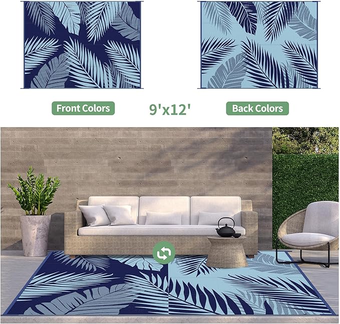 GENIMO Outdoor Rug 9' x 12' Waterproof for Patios Clearance, Reversible Outdoor Plastic Straw Camping Rug Carpet, Large Area Rugs Mats for RV, Camper, Deck, Balcony, Porch, Beach, Navy Blue&Baby Blue