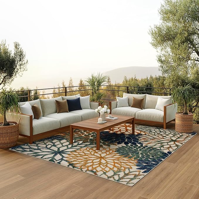 Nourison Home Aloha Indoor/Outdoor Blue Green 9' x 12' Area Rug, Easy Cleaning, Non Shedding, Bed Room, Living Room, Dining Room, Backyard, Deck, Patio (9x12)
