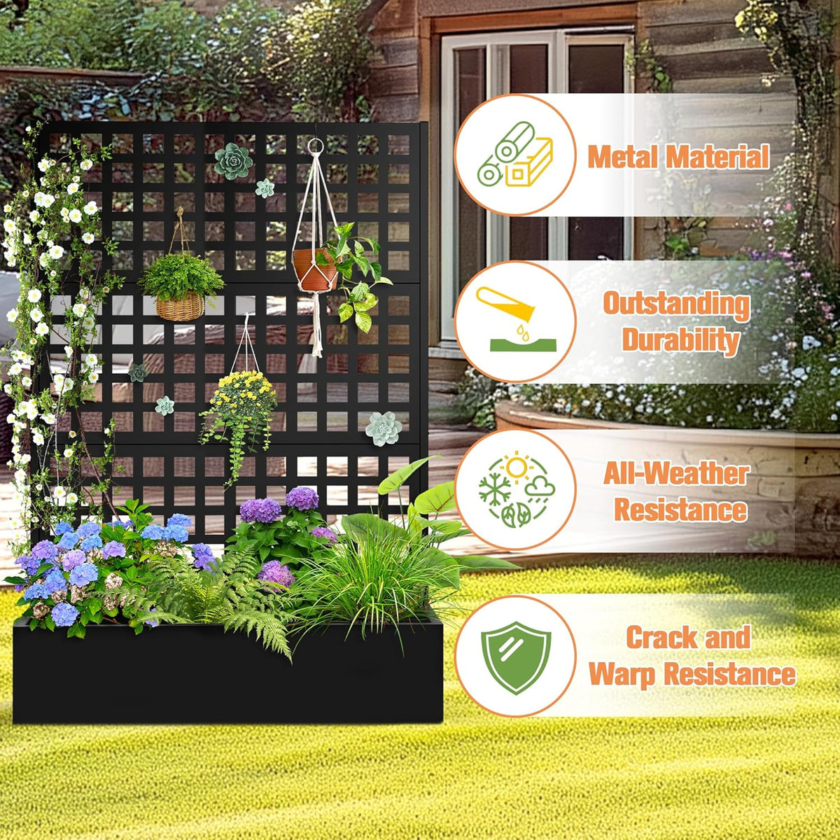 Metal Planter Box with Trellis & Wheels, Raised Garden Bed with Privacy Screen, Outdoor Standing Flower Beds with Drainage Hole for Climbing Plants, Vine, 47" Lx16 Wx71 H