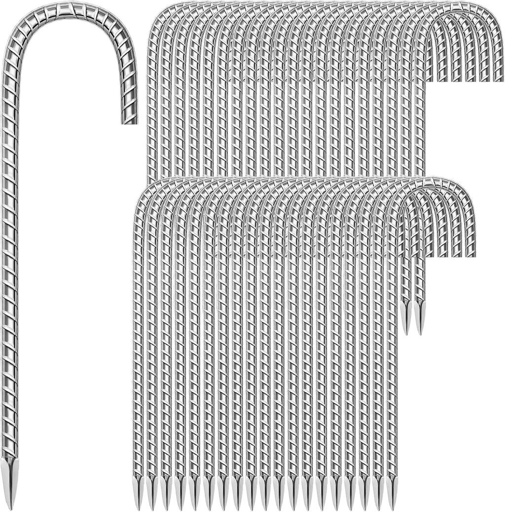 40 Pack Ground Garden Rebar Stakes Rebar 12 Inch Anti-Rust Galvanized Steel J Shape Hook Heavy Duty Ground Anchors for Tents, Position Kits,Fences, and Trampolines Landscape Fabric