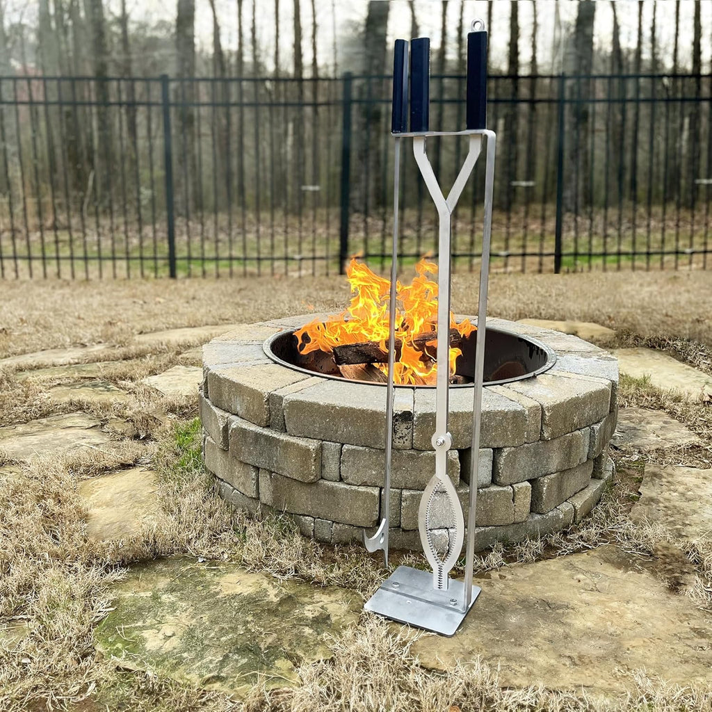 Stainless Steel Fire Pit Tools Set with 40" Fire Poker and Log Tongs, Fireplace Tools with Sturdy Stand Base, Firewood Log Grabber for Campfire Backyard Bonfire Wood Stove Indoor&Outdoor