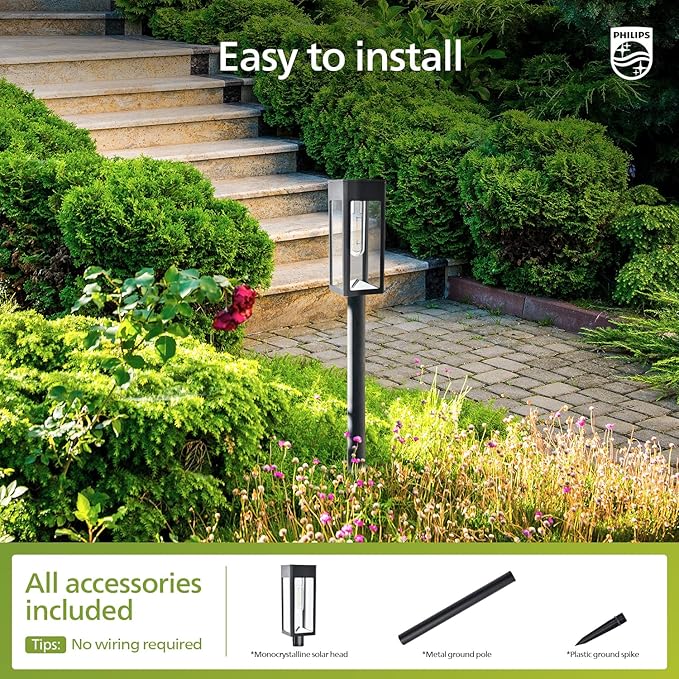 Philips 8 Packs Solar Pathway Lights Outdoor, Glass Metal Led Garden Landscape Lightings, 3000K Warm White, Waterproof for Decor Yard, Walkway, Patio, Driveway, Lawn