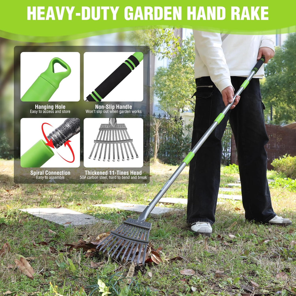 WORKPRO Rake, Small Rake for Leaves with 72” Adjustable Long Handle, 11 Steel Tines, Heavy Duty Metal Leaf Rakes for Garden, Lawn, Yard, Shrub, Flower Bed, Narrow Rakes 9" Wide Head for Tight Spaces