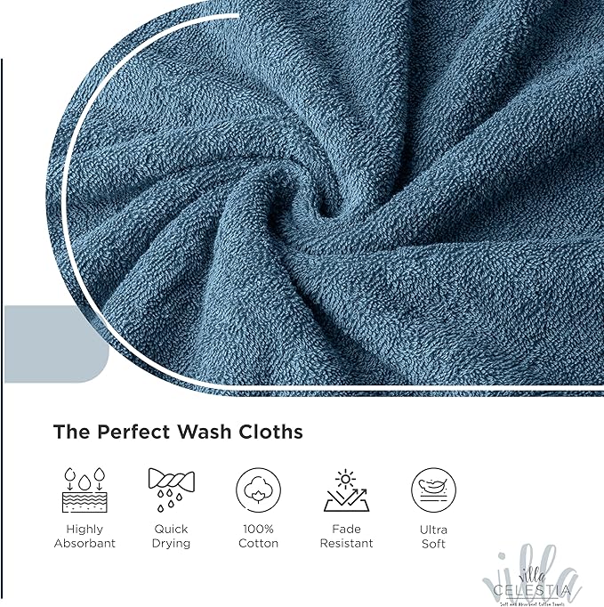 100% Cotton Wash Cloth for face & Body Set of 6, (12 x 12 inches) Sustainable, Soft, Highly Absorbent, Combed Cotton Wash Cloths Pack of 6 for Hotels, Spa, Bathroom, Dorm, Blue