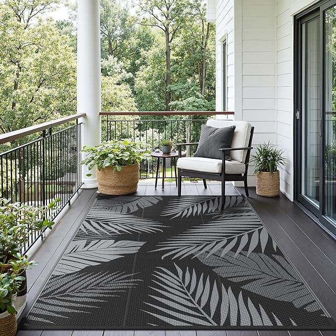 Outdoor Rug 9’x12’ Waterproof for Patio Clearance, Reversible Indoor Outdoor Plastic Straw Camping Rug Carpet, RV Mat, Large Area Rug for Deck, Backyard, Balcony, Porch, Beach, Black & Grey