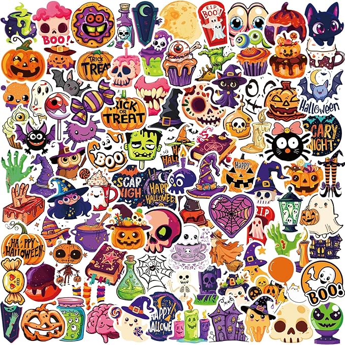 XZENTIRA, 100 PCS Halloween Stickers for Kids Teens Adults, Halloween Cartoon Pumpkin Themed Stickers, Vinyl Waterproof Holiday Party Stickers, Halloween Holiday Party Favors Gifts