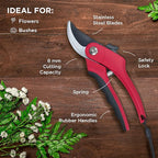Nevlers 8" Red Bypass Pruning Shears for Gardening | Heavy Duty Garden Shears & Hand Pruners | Stainless Steel Plant Trimmer Blades w/ 8mm Cut Cap | Ergonomic Spring-Assisted Garden Clippers Handheld