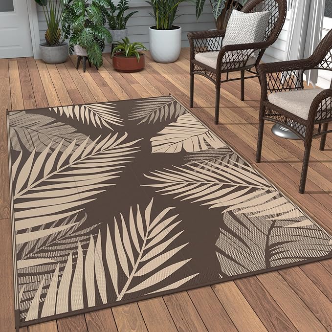 GENIMO Outdoor Rug 3' x 5' Waterproof for Patios Clearance, Reversible Outdoor Plastic Straw Camping Rug Carpet, Large Area Rugs Mats for RV, Camper, Deck, Balcony, Porch, Beach, Coffee&Beige