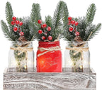 Christmas Mason Jars, Christmas Centerpiece Table Settings, Wood Tray with 3 Painted Jars, Dining Coffee Table Centerpiece, For Kitchen, Living Room, Red Mason Jar Decor with Flowers