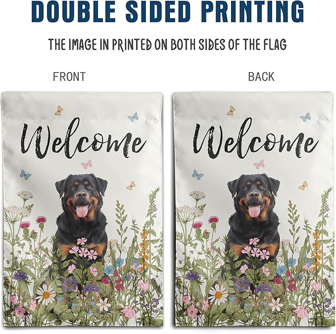 Spring Summer Garden Flag Floral Rottweiler Yard Flag Flower Dog Garden Flags for Outside Small Outdoor Welcome Flags 12x18 Double Sided