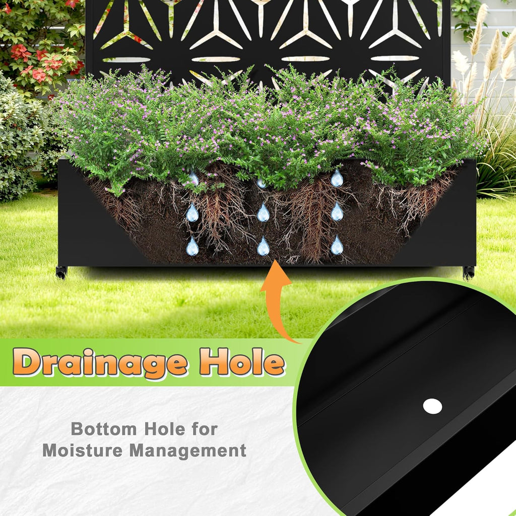 Metal Raised Garden Bed with Trellis, 2 in 1 Trellis with Planter Box & Privacy Screen for Climbing Plants, Vine, Outdoor Standing Flower Beds with Drainage Holes,47.2"L x 16.7"W x 70.8"H,(Black-Star)