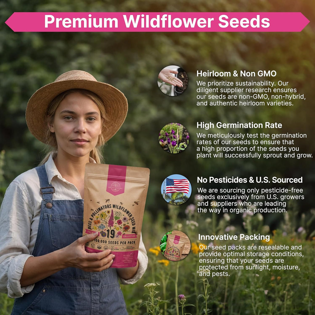 Organo Republic 19 Annual & Perennial Wildflower Seeds Mix for Indoor and Outdoors, Attract Bees & Butterflies. 100,000+ Non-GMO, Heirloom Wildflower Garden Seeds, 4oz Packet for Growing Wild Flowers