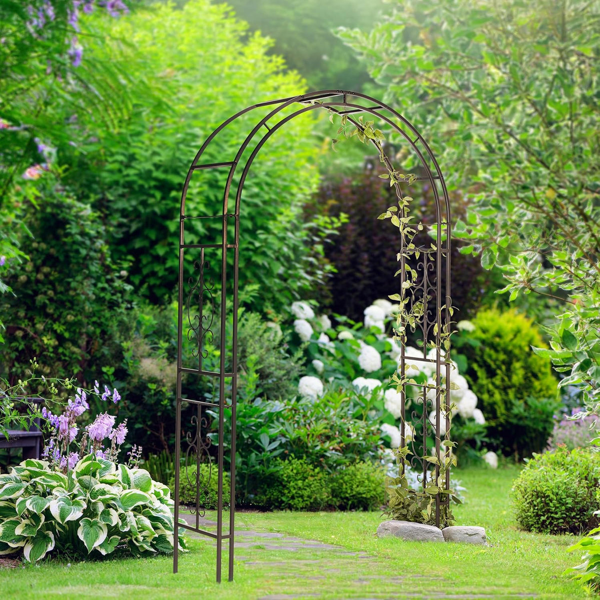 Evergreen Plow & Hearth Montebello-Gunmetal Garden Arbor - 7 Feet Tall | Slim Metal Arch with Iron Trellis for Climbing Plants | Elegant Wedding Arbor | Outdoor Patio & Garden Decor