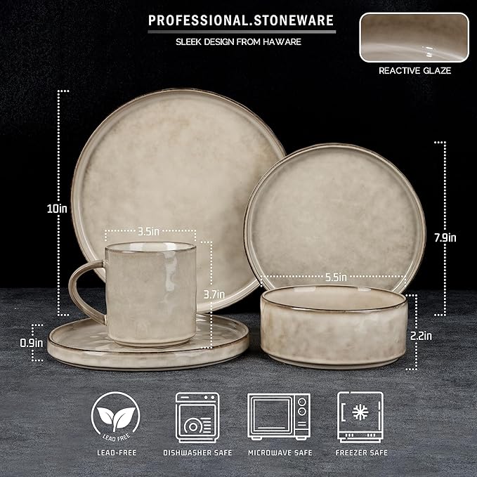HaWare Dinnerware Sets, 16-Piece Stoneware Plates and Bowls Set, Dish Set for 4, Elegant Ceramic Dishware for Home Restaurant, Chip and Scratch Resistant, Microwave and Dishwasher Safe, Saturn Khaki