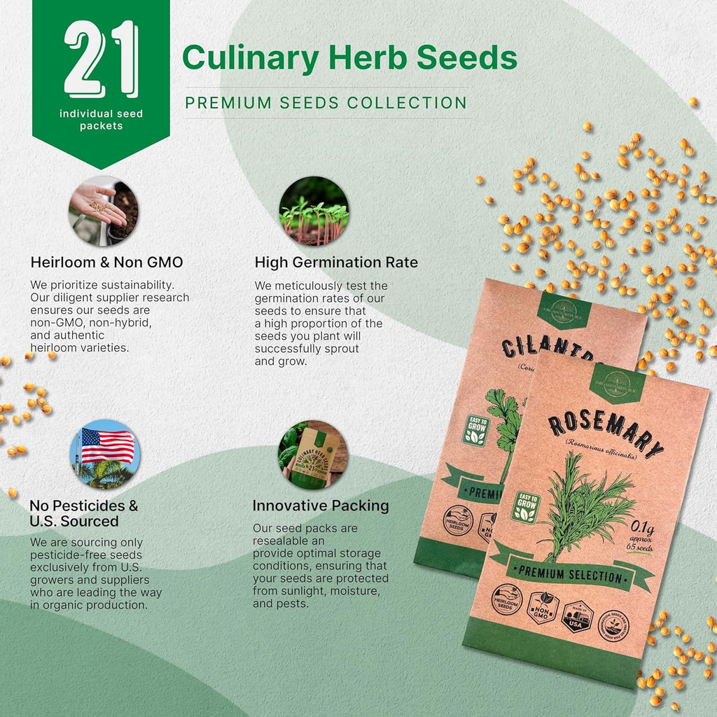 21 Culinary Herb Seeds Variety Pack - Heirloom, Non-GMO, Herb Seeds for Planting Outdoor and Indoor - Home Gardening. Over 11,400+ Seeds Including Rosemary, Thyme, Oregano, Mint, Basil, Parsley & More